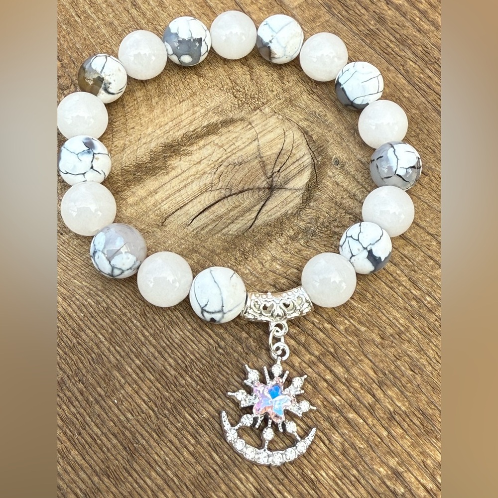 White Dragon Vein Beaded Bracelet with Sun and Moon Charm